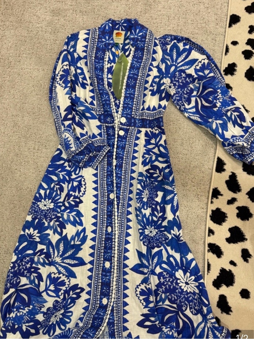 FARM Rio Blue and White Floral Button-Front Maxi Dress
